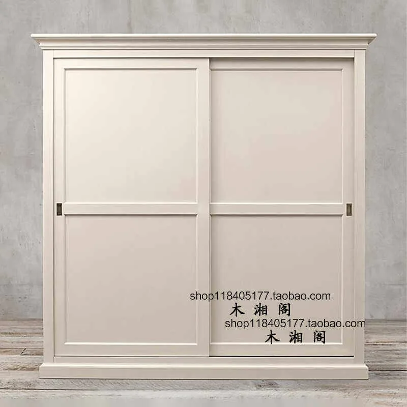 Export American solid wood sliding door wardrobe European style small apartment simple sliding door wardrobe milk white storage