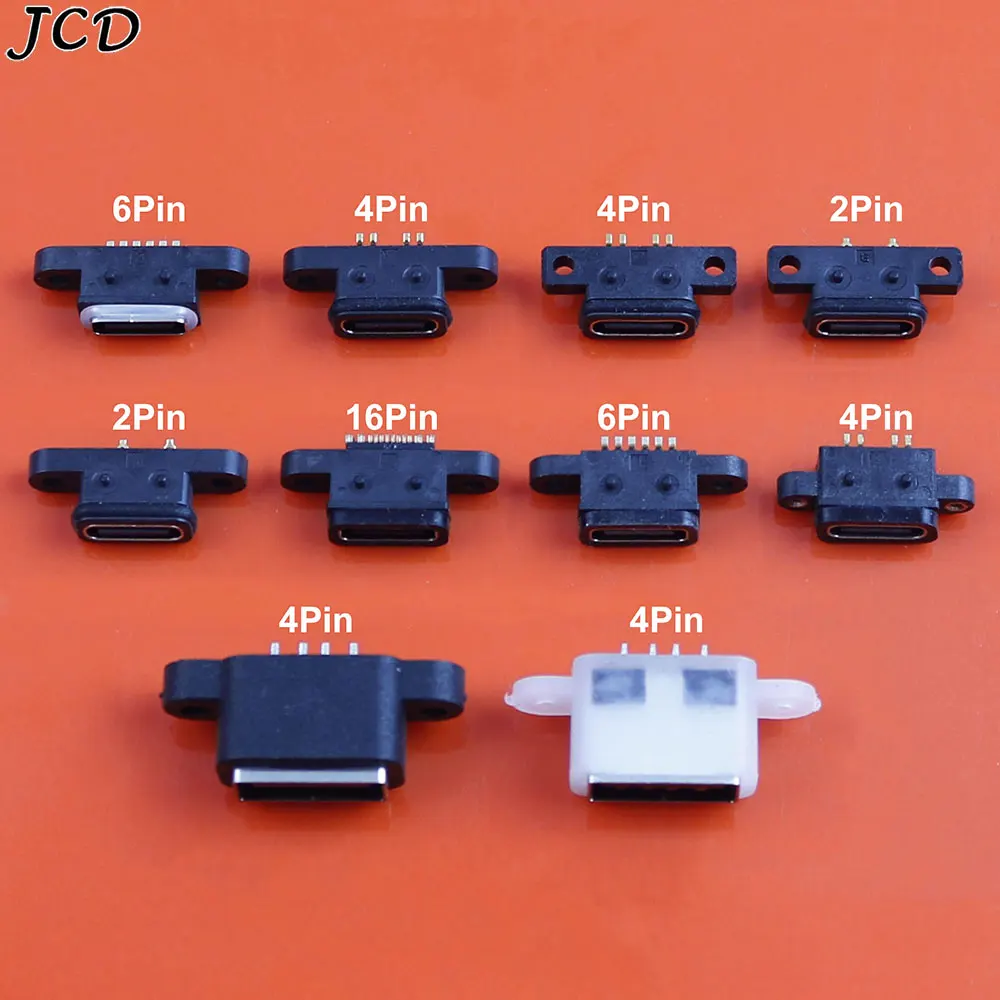 

JCD 1pc TYPE C 2/4/6/16Pin Waterproof Female USB 2.0 Socket with Screw Hole Fast Charge Charging Interface 180 Degree Connector