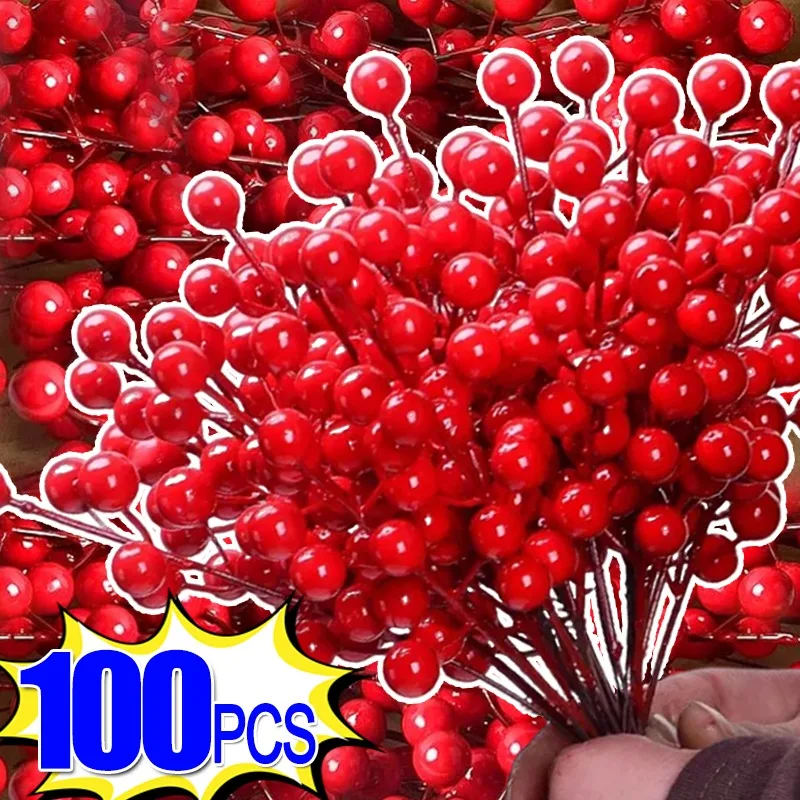 100/1ชิ้นต้นเบอร์รี่เทียมสีแดงต้นคริสต์มาสพลาสติกต้นฮอลลี่เบอร์รี่กิ่งไม้เครื่องประดับต้นคริสต์มาสแบบทำมือของขวัญตกแต่งงานเลี้ยงปีใหม่