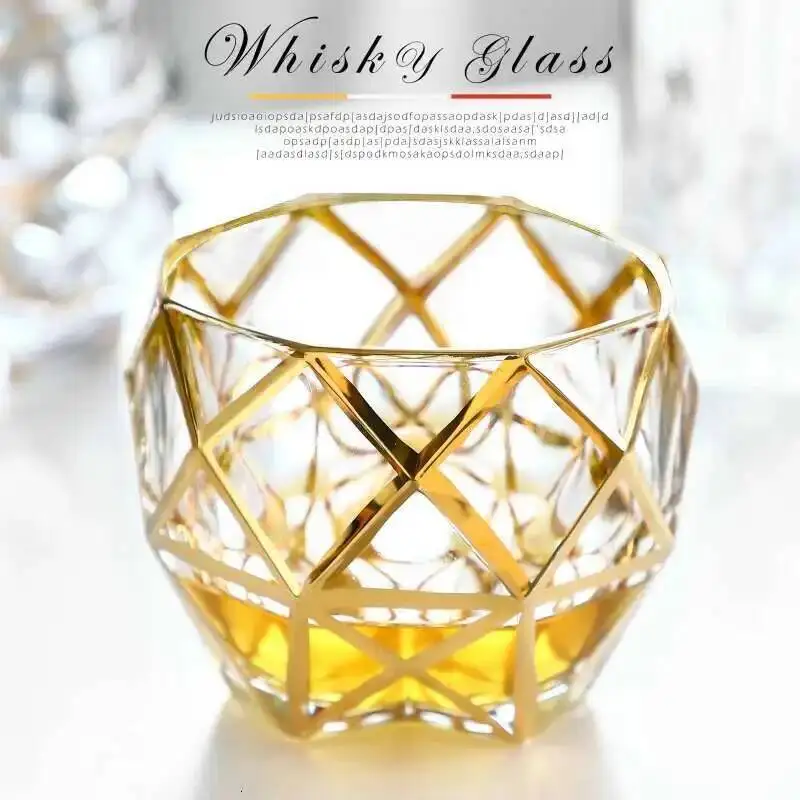 Copo Criativo Dourado para Whisky, Vinho, Brandy e Licores - Taça de Cristal com Detalhes Dourados