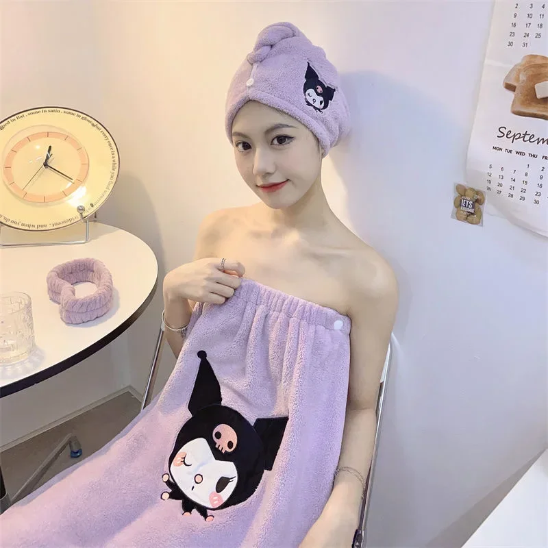 Sanrio Kulomi bath towel womens pure cotton water absorption quick drying thickened cartoon womens pajamas loungewear bath skirt