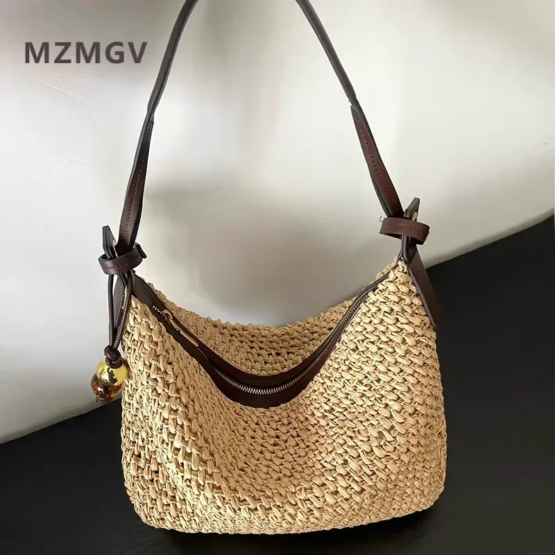 

Summer Woman Fashion Woven Straw Bag 2025 New Style Luxury Designer Half Moon Underarm Bag Bohemia Holiday Beach Shoulder Bag