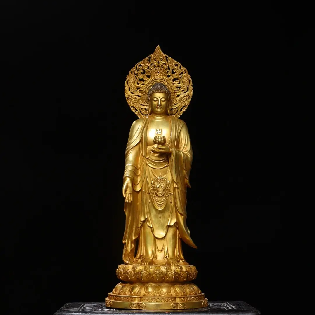 Copper Gold Plated Western Three Saints Dipankara Buddha Standing Statue Home Buddhist Altar Decor