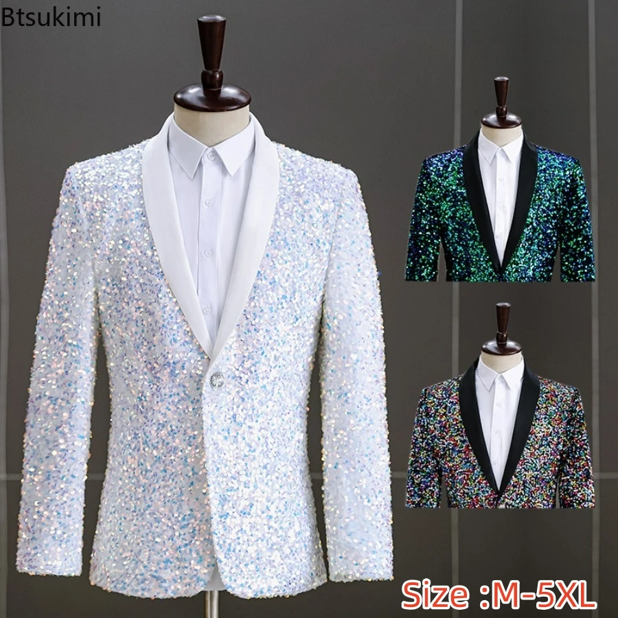 

2024 Men's Sequins Suit Jacket White Green Stage Performance Host Wedding Party Male Blazer Single Button Fashion Man Suit Coats