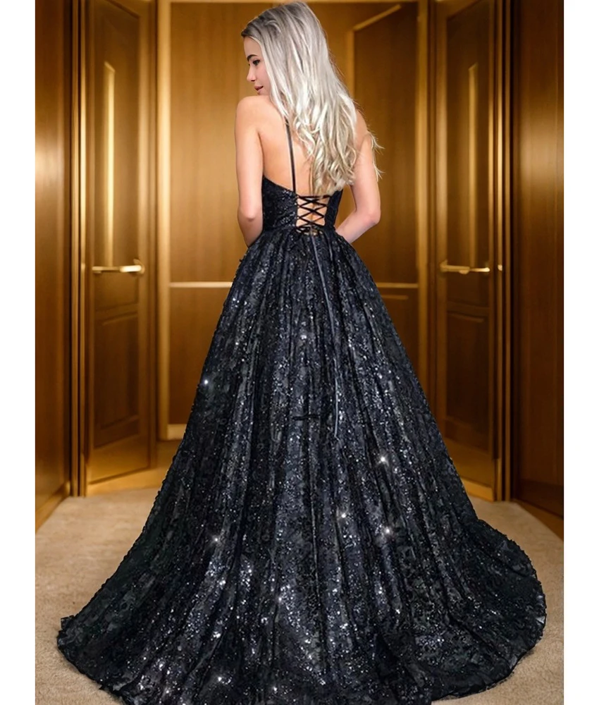 Vestido de noche personalizado de Organza Sexy, corte en A, tirantes finos, apliques de lentejuelas, vestidos de fiesta sin mangas con cuello en V de alta calidad