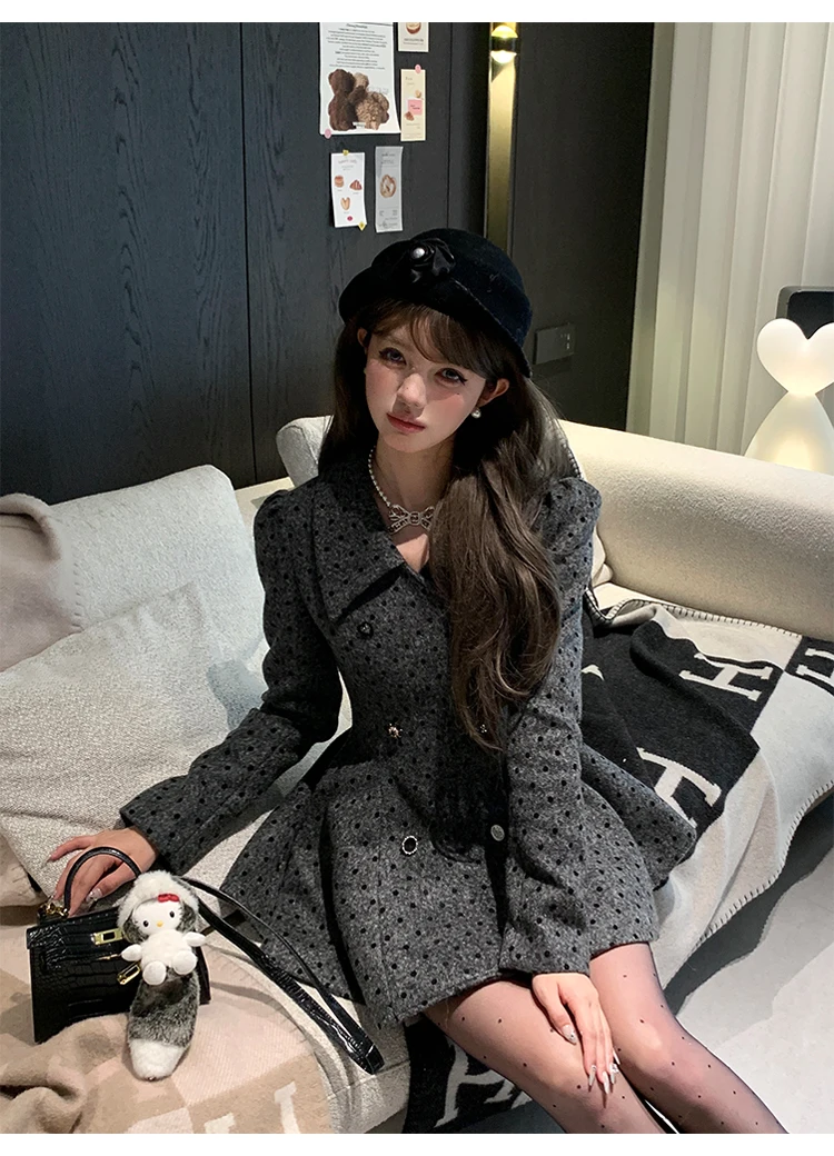 شتاء جديد النمط الفرنسي الأميرة الراقية الأسود البولكا نقطة معطف منتصف طول الخصر مقصوص معطف الصوف للنساء #6