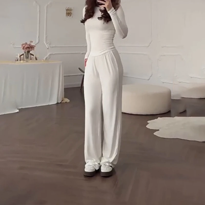 

2025 Summer Women's Fashion Round Neck Slim Casual Loose Elastic Wide-leg Pants Suit