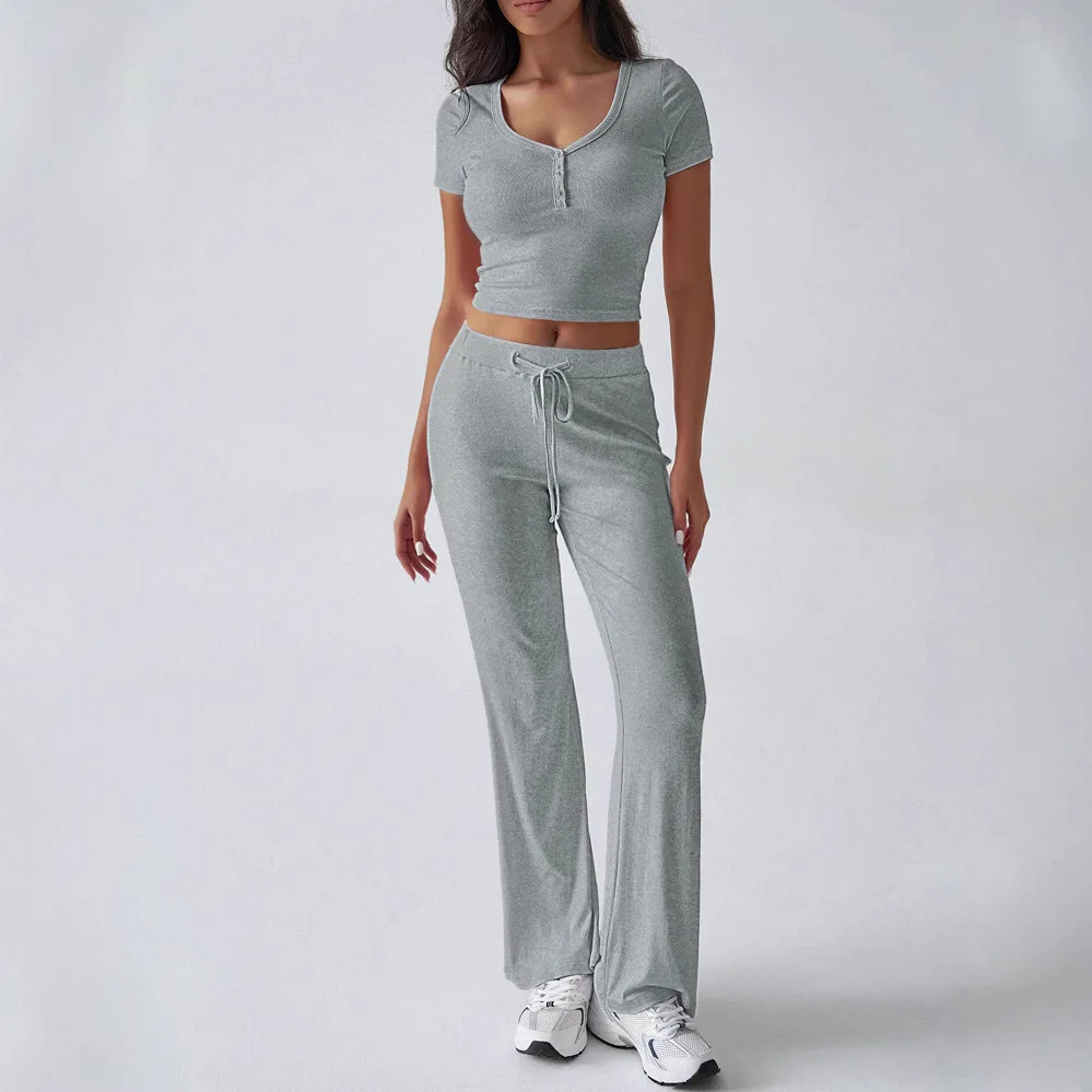 

Summer Women's Solid Casual Tracksuits Vintage Round Neck Short Sleeve And Pants Fashion Two Piece Sets For Women