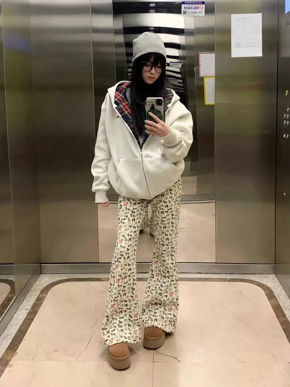 Korean Sle Hiphop Thiened Fce Hooded Zipper Cardigan Outerwear Women's Winter Loose Versatile Plaid Sweatirt