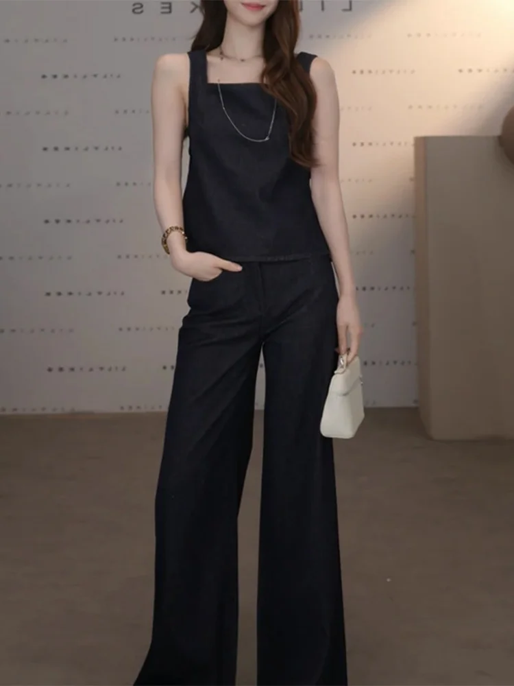 Stunning Summer Two-Piece Set Women's Design Sensation Linen Backless Top Wide Leg Pants High-End Feel Casual Style