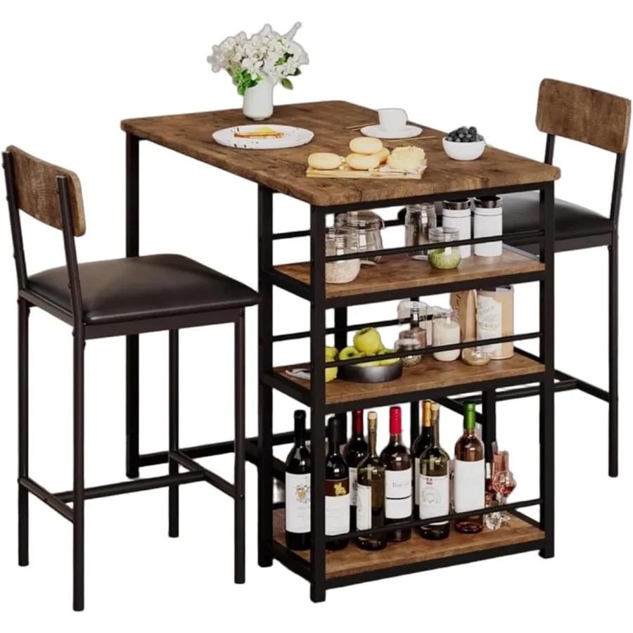 Dining Table Set for 2 with 3 Storage Shelves, Small Dining Table and Chairs for Small Spaces, 3 Pcs Kitchen Table Set with Uph