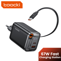 Toocki 67W GaN Fast USB Charger with 65CM Retractable TPE Type C Cable for iPhone 15 Samsung Xiaomi USB C Desktop/Travel Charger
