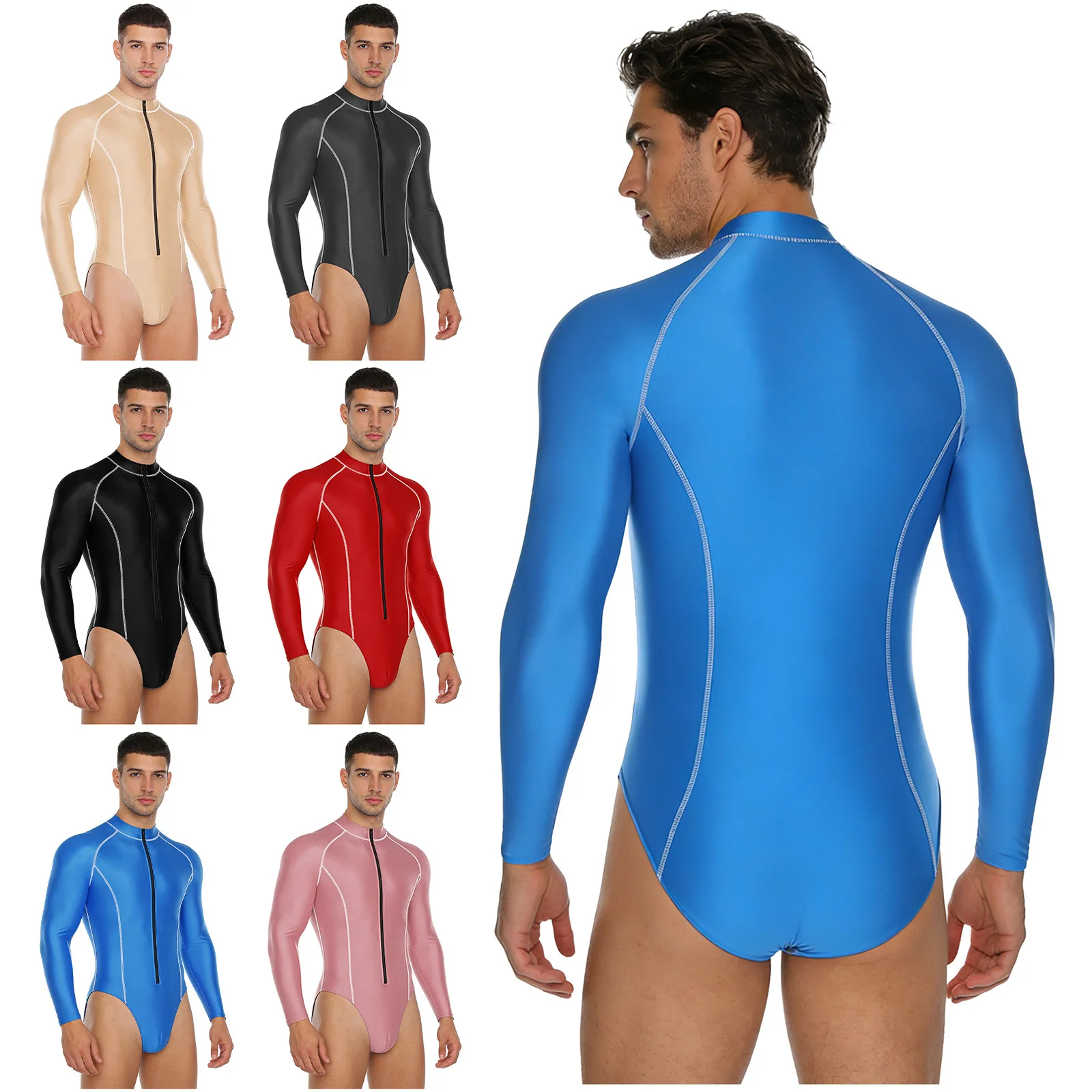 Trajes de baño deportivos de manga larga para hombre, traje de baño elástico de Color rosa con protección contra sarpullidos, ropa de playa para surf, natación, trajes de entrenamiento