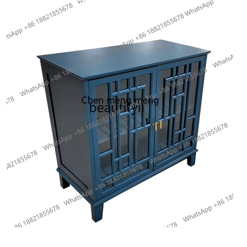 Retro wood carved furniture two-layer double door cabinet blue and white can be designed by KD