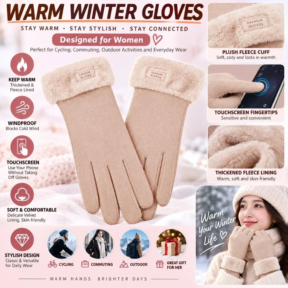 Thickened Fuzzy Cuff Warm Winter Gloves Anti Slip Windproof Sports Cycling Mittens Touchscreen Thermal Gloves Driving Activities