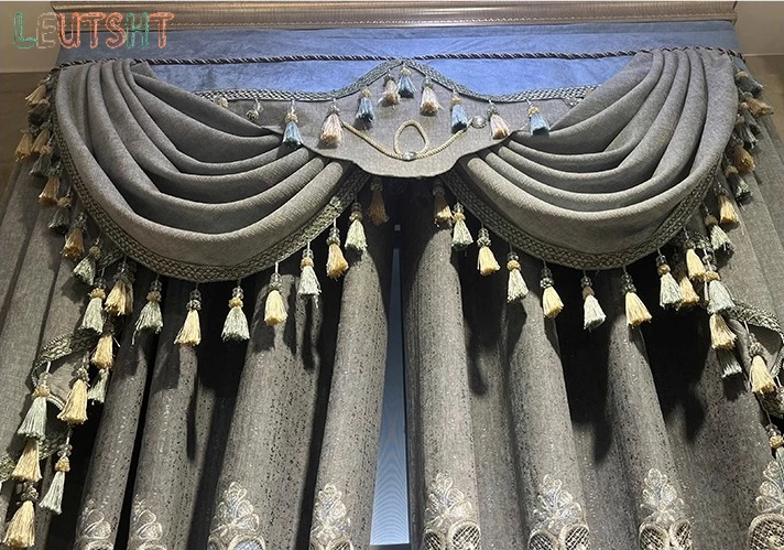 European Style Luxury Grey Chenille Window Curtains for Living Room Bedroom Dining Thickened Villa Embroidered  Tulle Curtain