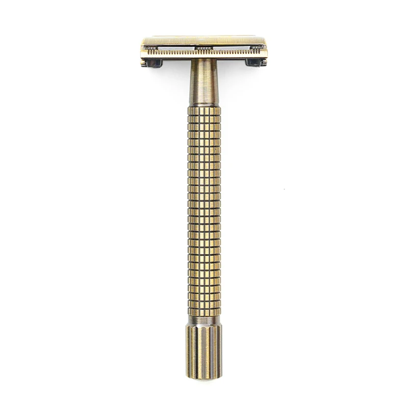 Berjaya Nostalgic Bronze Long Handle Butterfly Open Double Edge Safety Razor，Reusable Brass Metal Manual Shaver Close Comb
