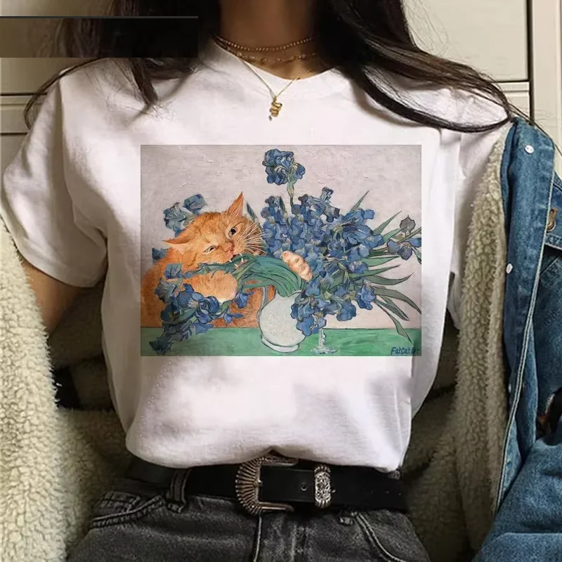T-shirts Women Cat Oil Painting Printed Funny Graphic Tee Shirt Summer Short Sleeve Casual White Tops Harajuku Clothing