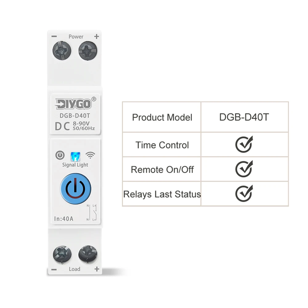 Suitable for TUYA App Loop Timer Relay Status Switch Remote Control Real-Time Monitoring Smart WIFI Circuit Breaker 40A 8-90VDC