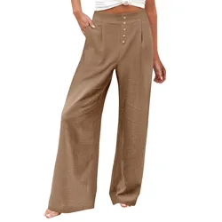 New Vintage Linen Elastic Waist Wide Leg Pants Women Long Trousers Summer Solid Color Casual Loose Pants Female Boho Clothes