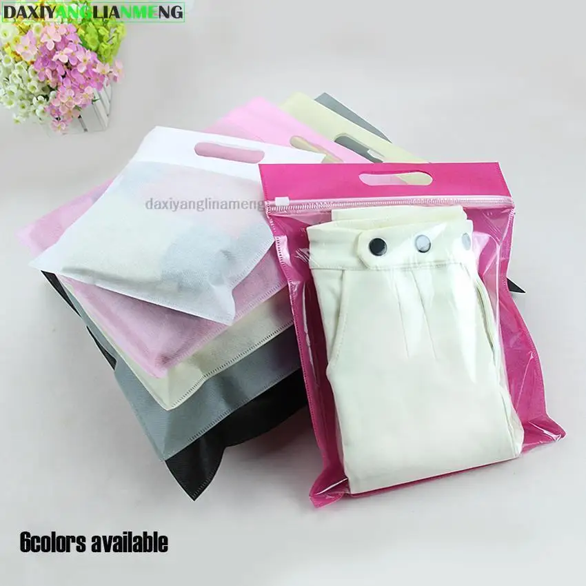 50pcs/lot All Sizes 20/25/30/35/40cm +hand loop-6colors Nonwoven Zipper Gift Travel Transparent Handbag Clothes Packaging Bags