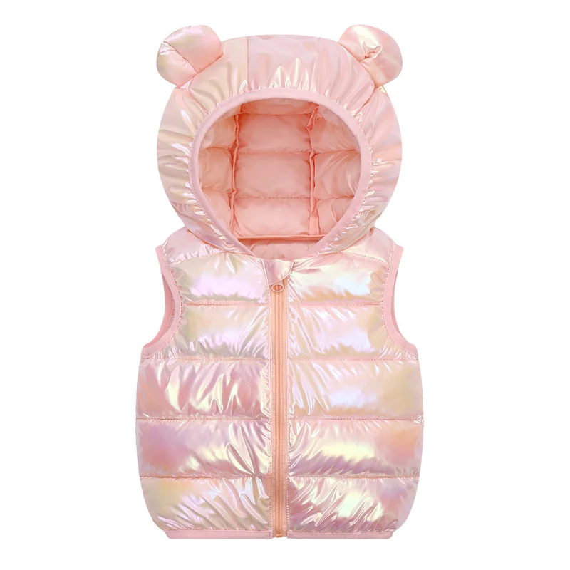 2023 Autumn New Boys Girls Warm Down Vests Baby Shiny Outerwear Vest Kids Clothing Vest Jackets Children Hooded Cotton Waistcoat