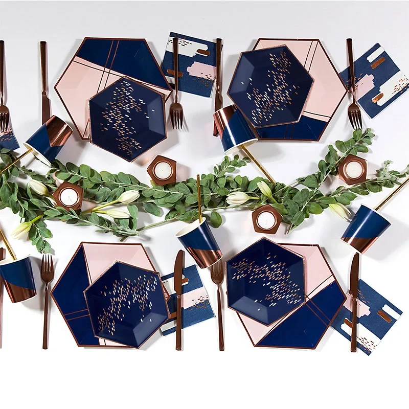 Ink Blue Rose Gold Pink  Foil Party Disposable Tableware Lattice Cake Napkins Dish Disposable for Wedding Birthday Baby Shower