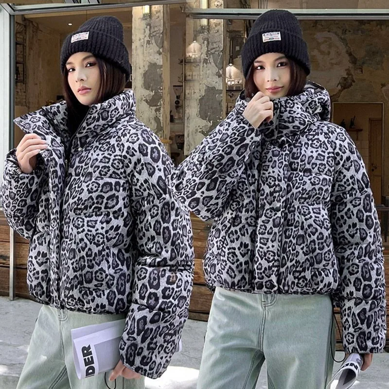 Women's Leopard Print Down Cotton Jacket Winter Warm New Fashion Loose Cotton Jacket Hooded Cropped Jacket Long-sleeved Top