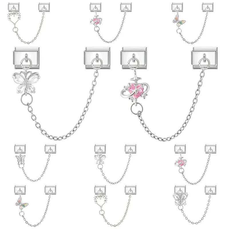 New Transparency Zircon Butterfly Pink Zircon Heart Tassel Italian Charm Links Fit 9mm Bracelet Stainless Steel DIY Making Gift