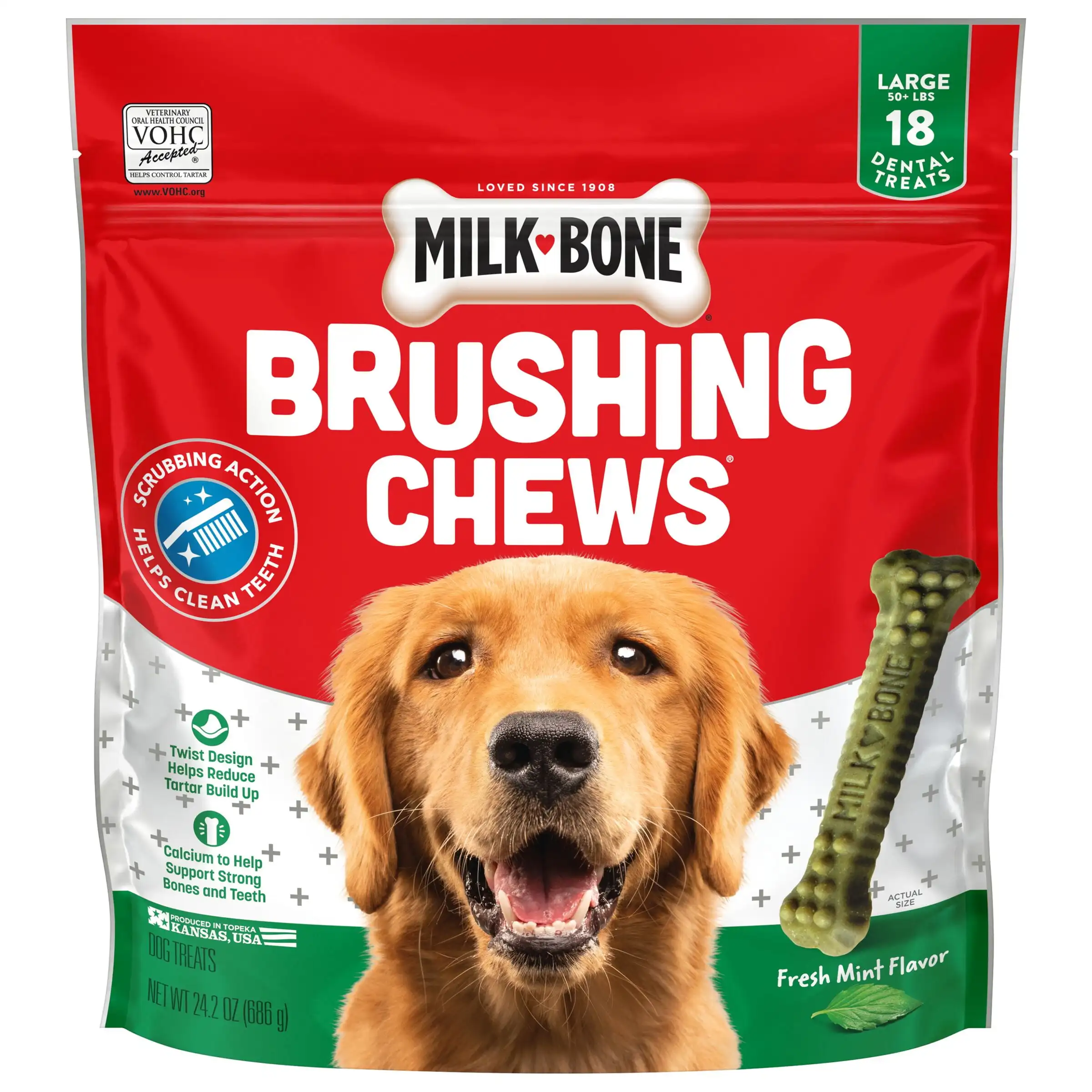 

Brushing Chews Daily Dental Dog Treats, Fresh Breath, Large, 24.2 oz. Bag, 18 Bones per Bag