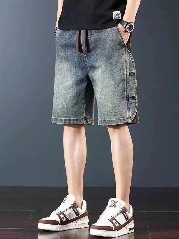 

Мужские джинсовые шорты в американском ретро-стиле, летние, новые, свободные, с эффектом сильной потертости, на пяти пуговицах, повседневные, с пэчворком, молодежные, модные, прямого кроя