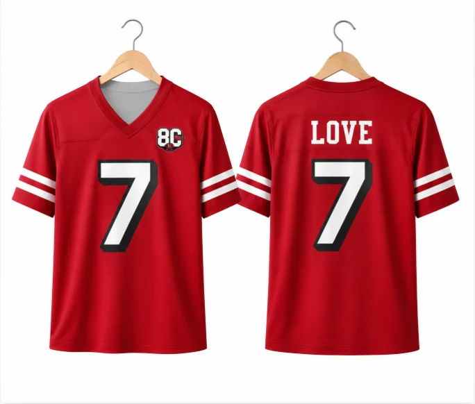 Custom LOVE 7 Red Football Shirt Men's and Women's Short sleeved V-neck Sportswear Family Wear
