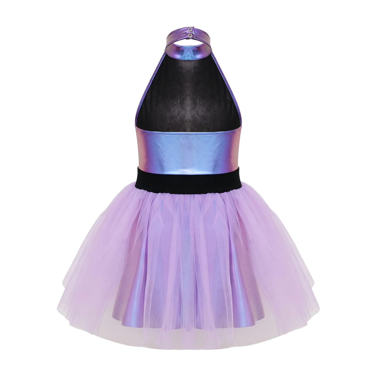 Children Metallic Shiny Alien Tutu Dress Girls Halter Ballet Dance Dress Ruffled Tulle Skirt Skating Gymnastic Leotard Dancewear
