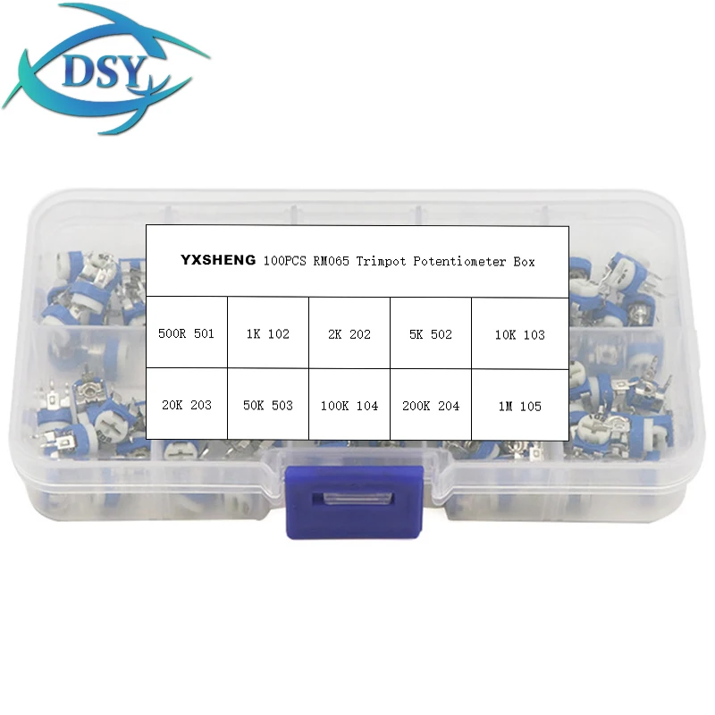 100Pcs/Set Box RM065 Carbon Film Horizontal Trimpot Potentiometer Assortment Kit 10Values Variable Resistor 500R 1K 2K 5K 10K~1M