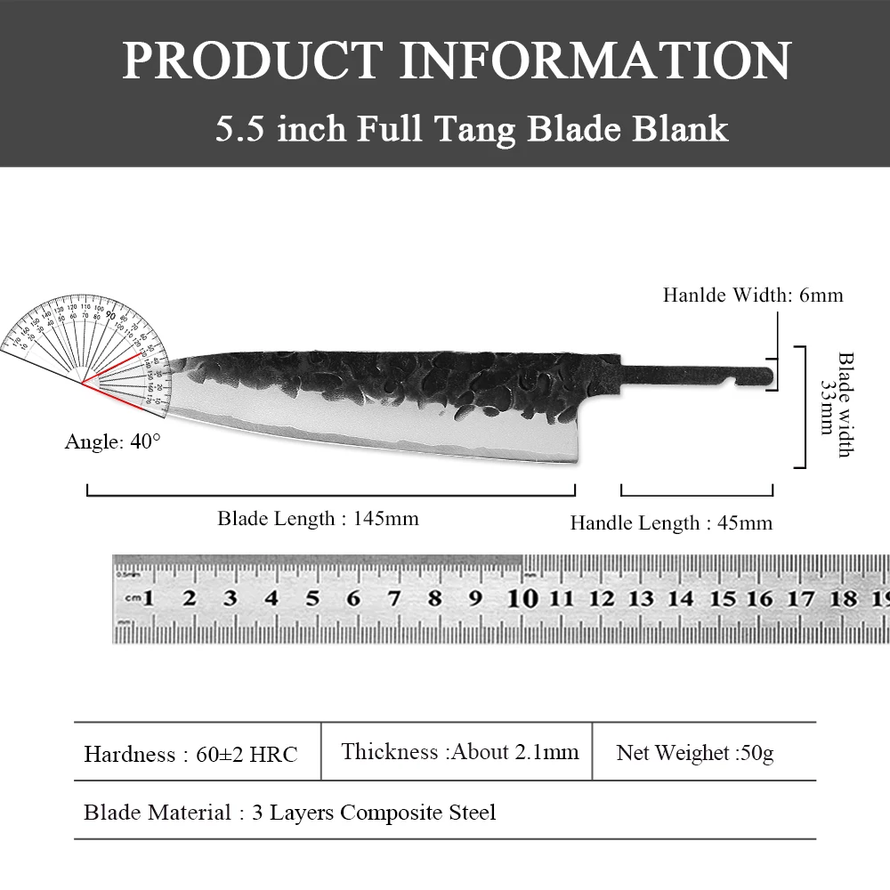 5.5" Japanese Kitchen Utility Chef Knife Blank Blade DIY Handmade Three-layer Composite Steel Full Tang Sharp Edges Making Tools