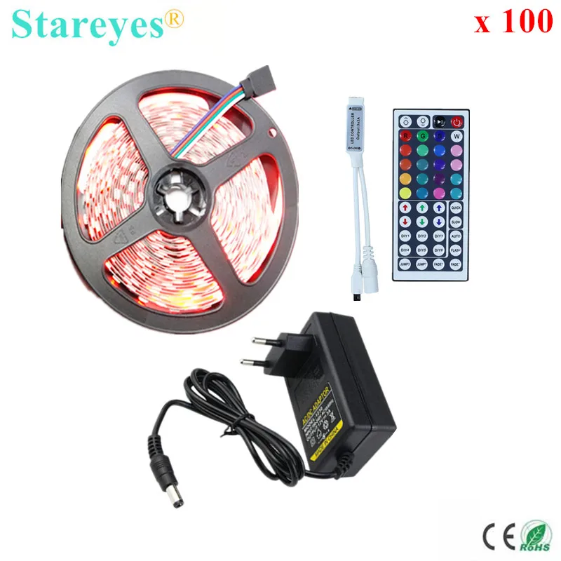 100 sets SMD 5050 300 LED 5m RGB LED strip DC12V Flexible Non Waterproof Tape Rope light with IR Remote + 3A Power Adapter