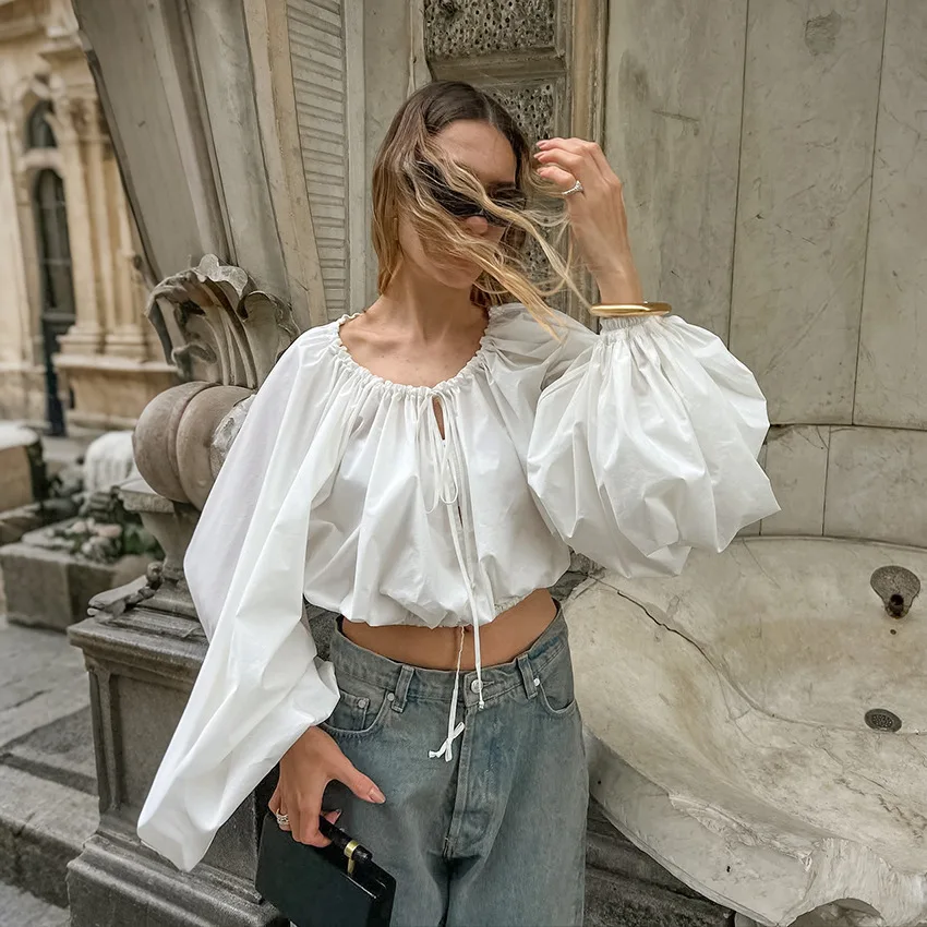 الجوف خارج الخريف المرأة بلوزة جولة الرقبة الرباط تكدرت فانوس كم الإناث بلوزة Instagram-Style أبلى لسيدة