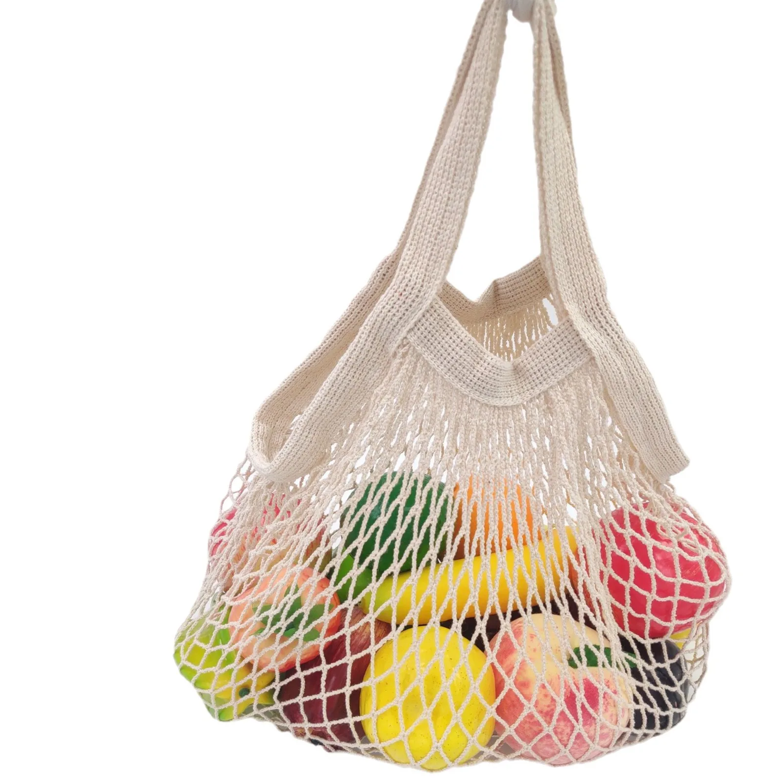 Bolsa de malla de algodón para compras plegable de mano, bolsa de malla de frutas reutilizable, bolsillo de malla tejida, bolsa de compras de almacenamiento de cocina ahuecada