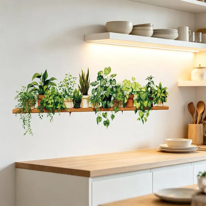 Natural Green Leaf Branch Wall Stickers Peel & Stick DIY Decals for Living Room Bedroom Apartment Background Wall Home Decor