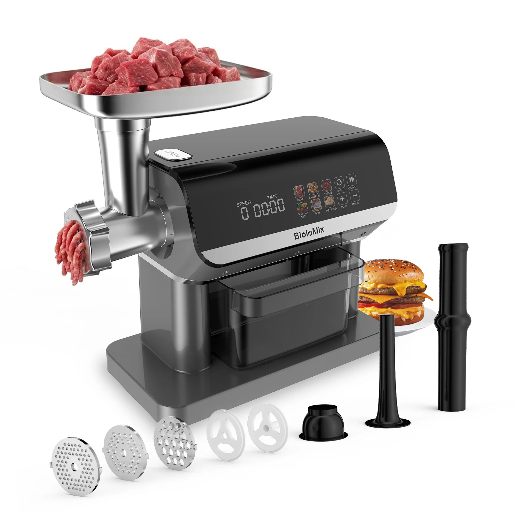 BioloMix 1600W Meat Grinder Multifunctional with 6 Touch Screen Presets Auto-Reverse for Grinding Sausage Kibbe Home Use