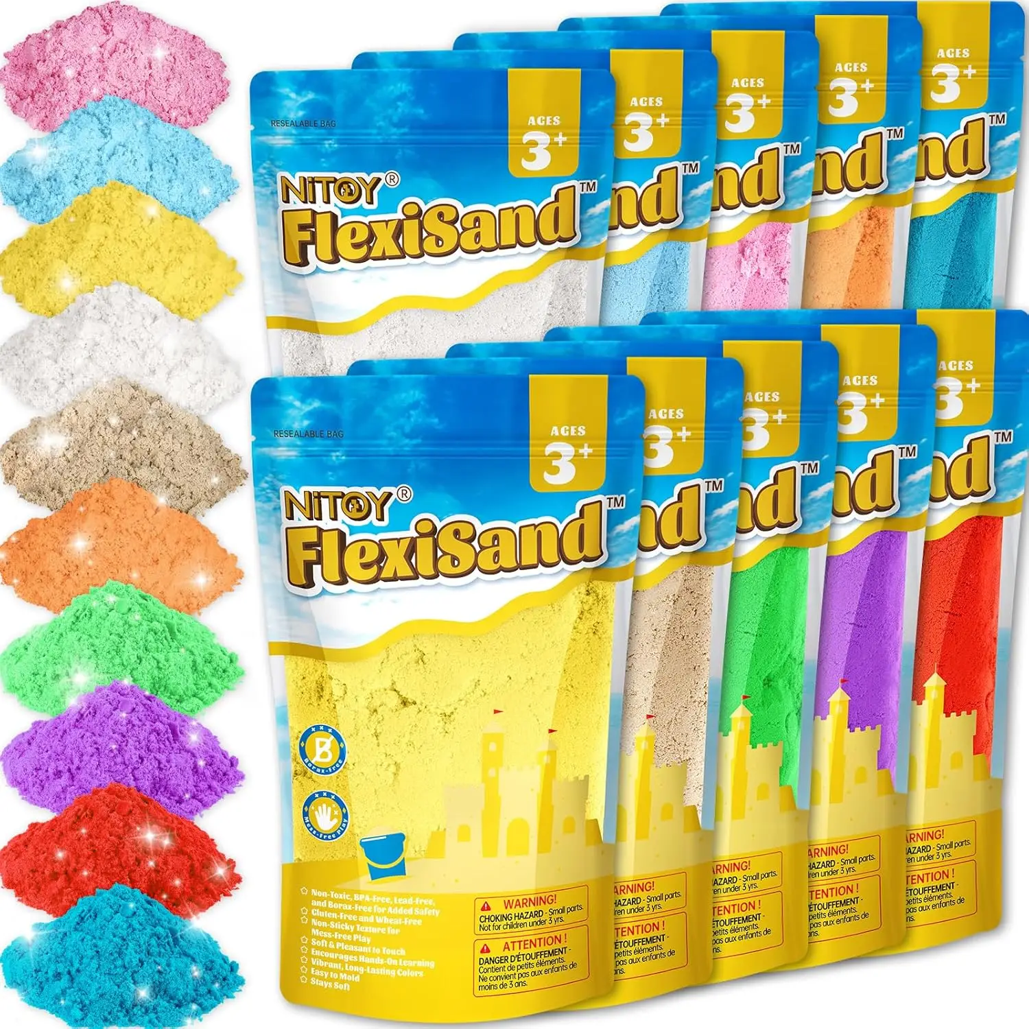 

19lbs 10-Color Moldable Sensory Sand, Never Dries Out, Safe Non-Toxic, for Kids 3+