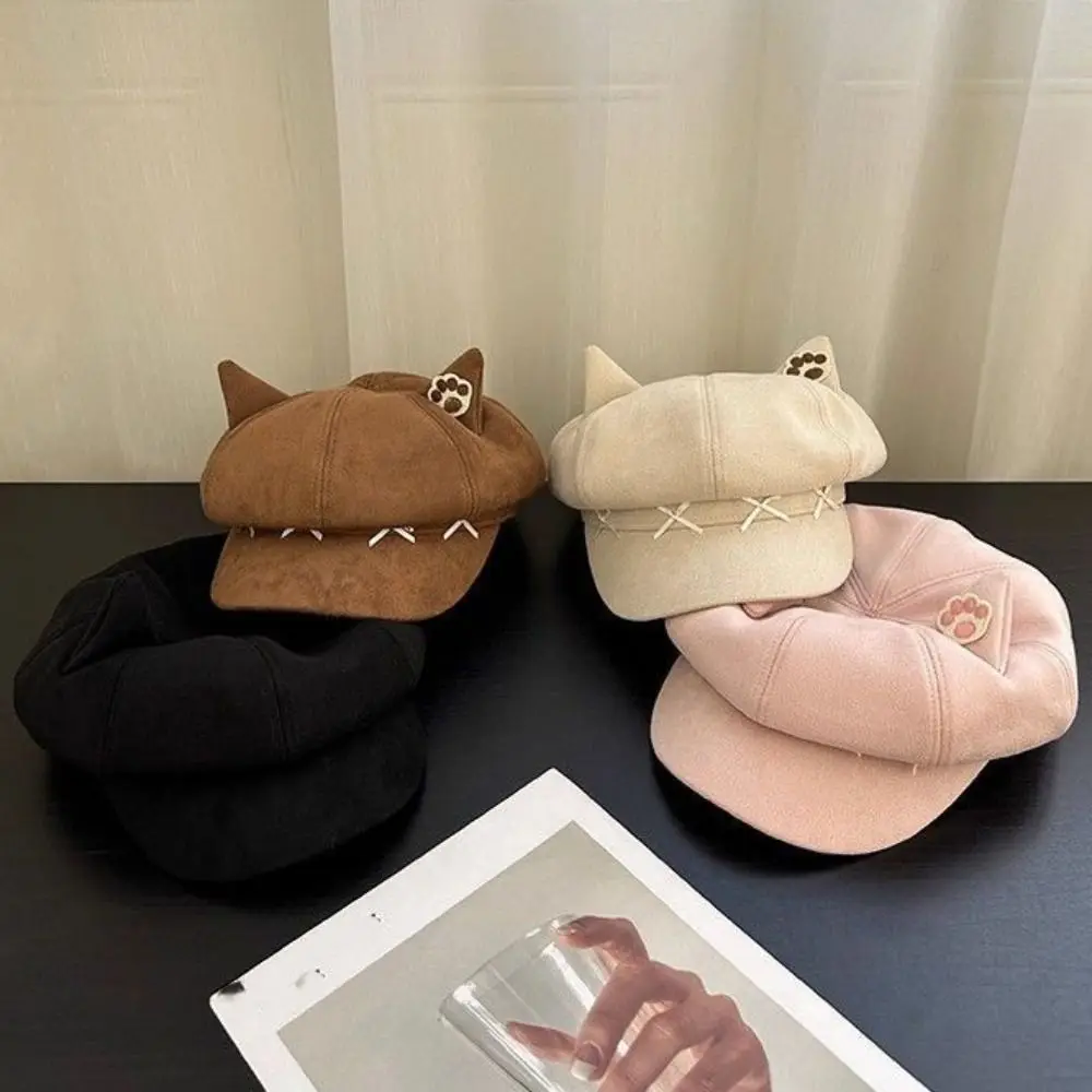 Fashion Embroidery Cat Ears Beret Y2K Claw Pattern Painter Artist Cap Spice Girl Bow Suede Octagonal Hat Travel 4