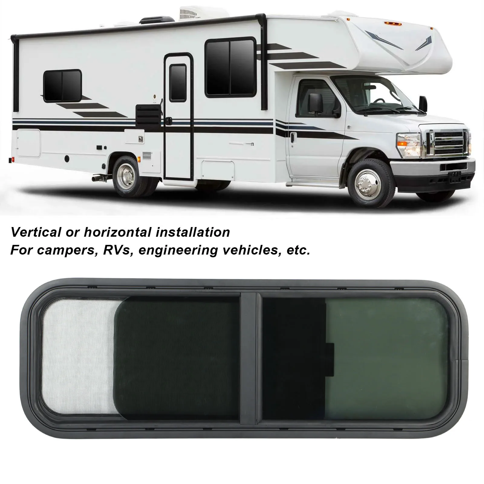 

Glass RV Window 900x300mm Round Angle Sliding RV Window Black Tempered Glass Shade Window for Trailer RV Sliding Window