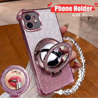 Luxury Bling Cell Phone Glitter Mirror Holder Stand Grip 360 Degree Rotating Round Bling Holder for iPhone 16 15 Samsung Xiaomi