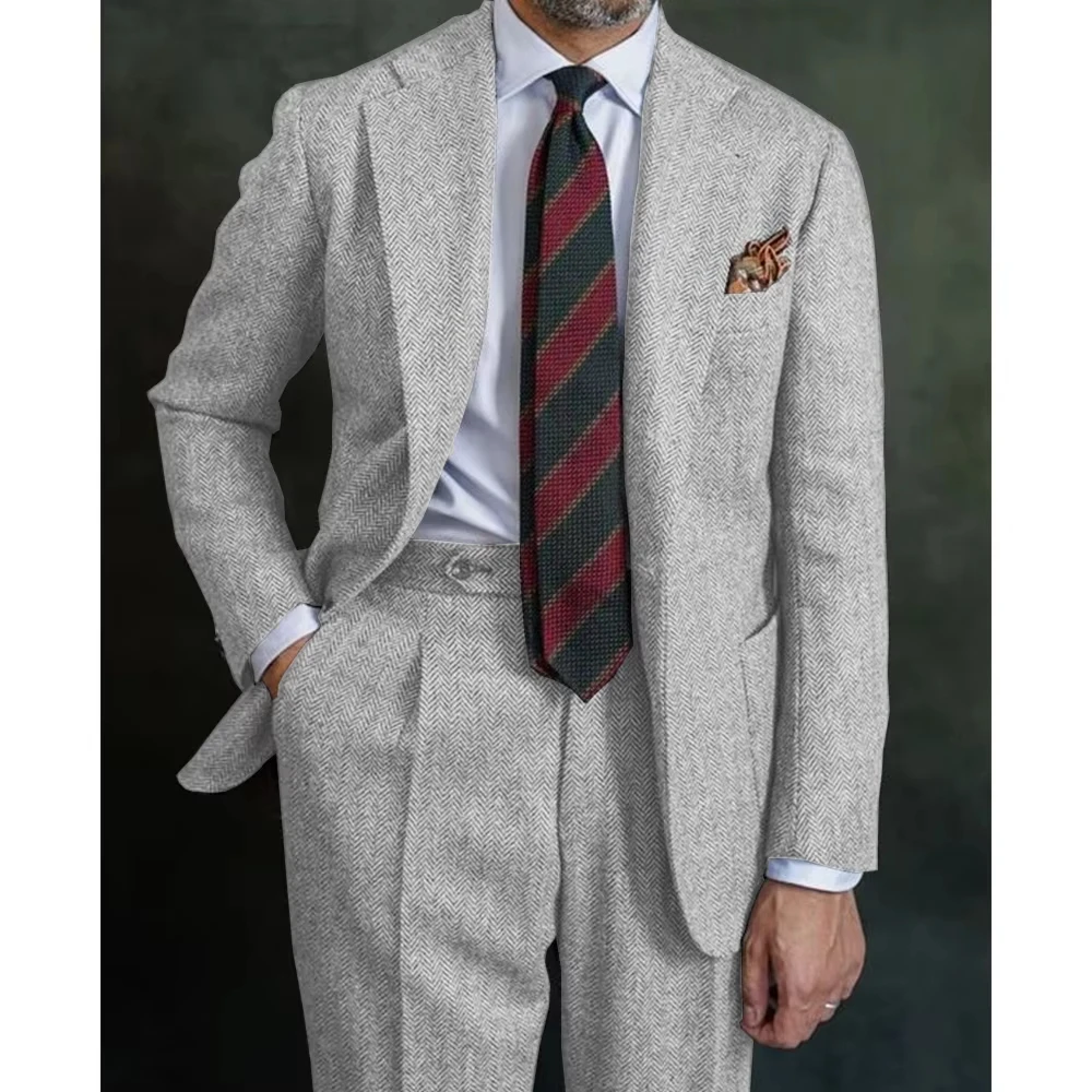 Classic Business Herringbone Suits Men's Single Breasted jacket Pants 2 Pieces Groom Tuxedo Customized Man Tuxedos Prom Suit