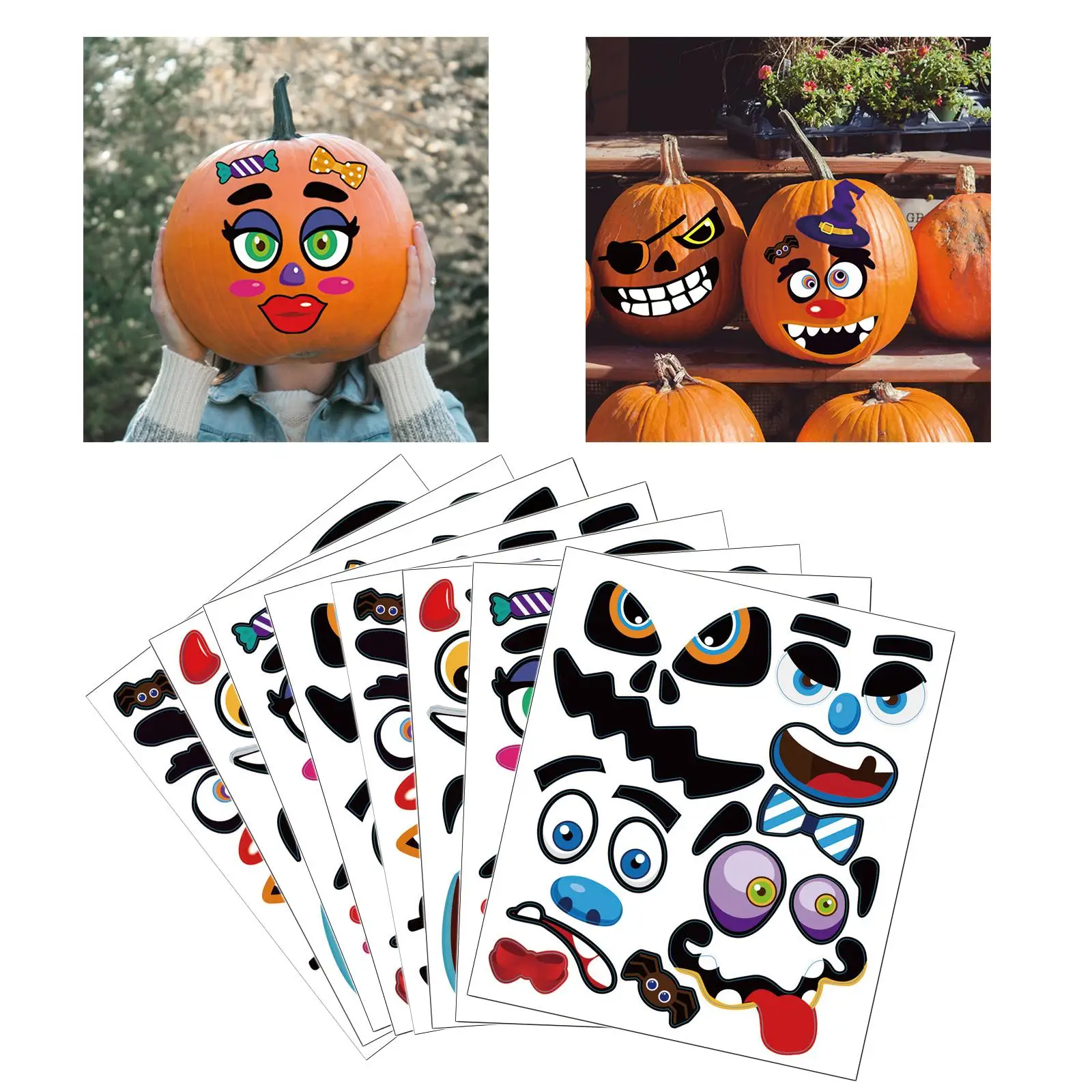 8 Sheets Halloween Pumpkin Stickers Scary Sticker Interesting Stickers Diy Pumpkin Decorating Stickers -26x30cm