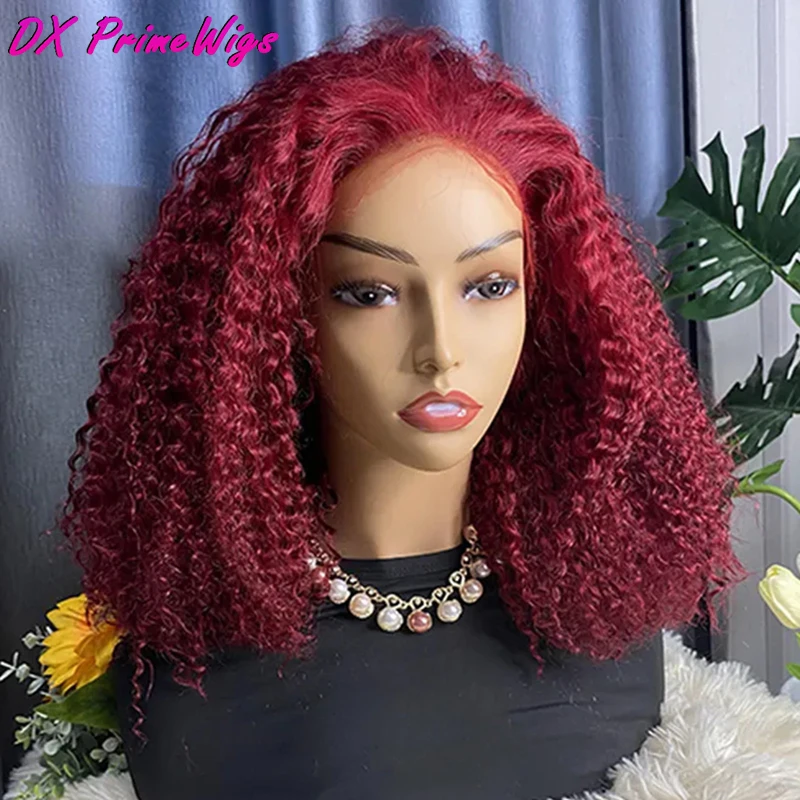 

200% Density 99J Burgundy Short 13x4 Deep Curl Lace Front Bob Wig Human Hair Red Colored Water Wave 100% Human Hair Frontal Wigs