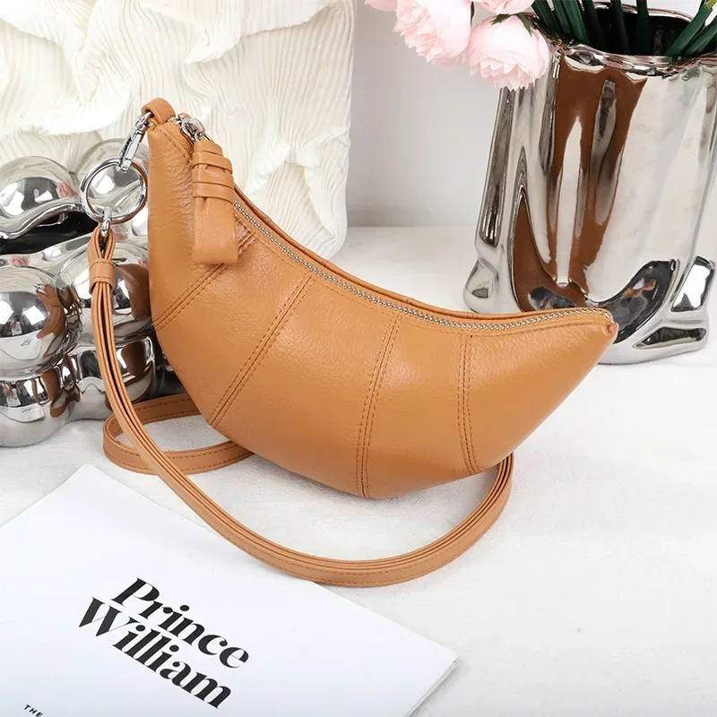 

2023 New Fashion Cowhide Croissant Bag Female Halter Neck Shoulder Dumpling Bag Genuine Leather Cosmetics Storage Underarm Bag