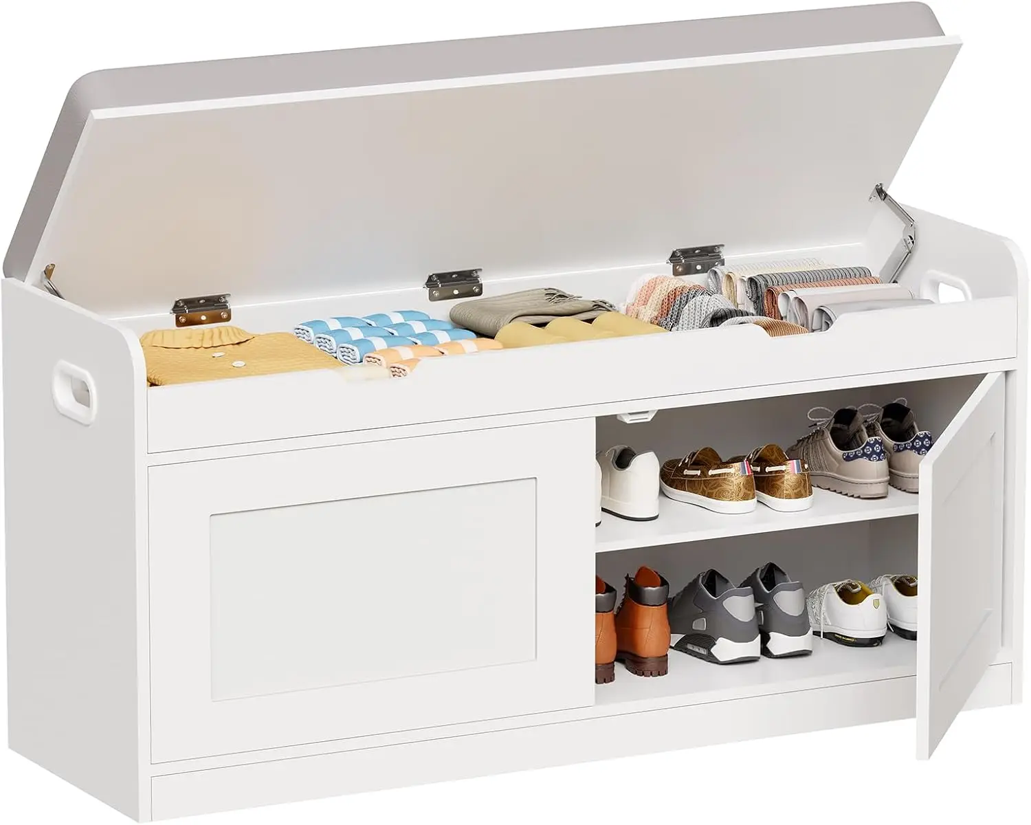 

2-Tier Storage Bench, 39.4" Wide Shoe Bench with Lift-Up Top, Shoe Storage Bench with Cushion, Shoe Cabinet with Handleless Door