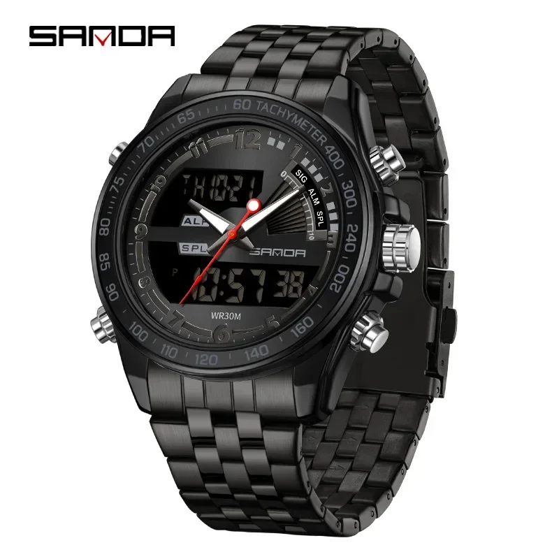 SANDA 3307 Men Watch Fashion Elegant Multifunctional Business Round Electronic Quartz Dual Display Stainless Steel Strap Watches